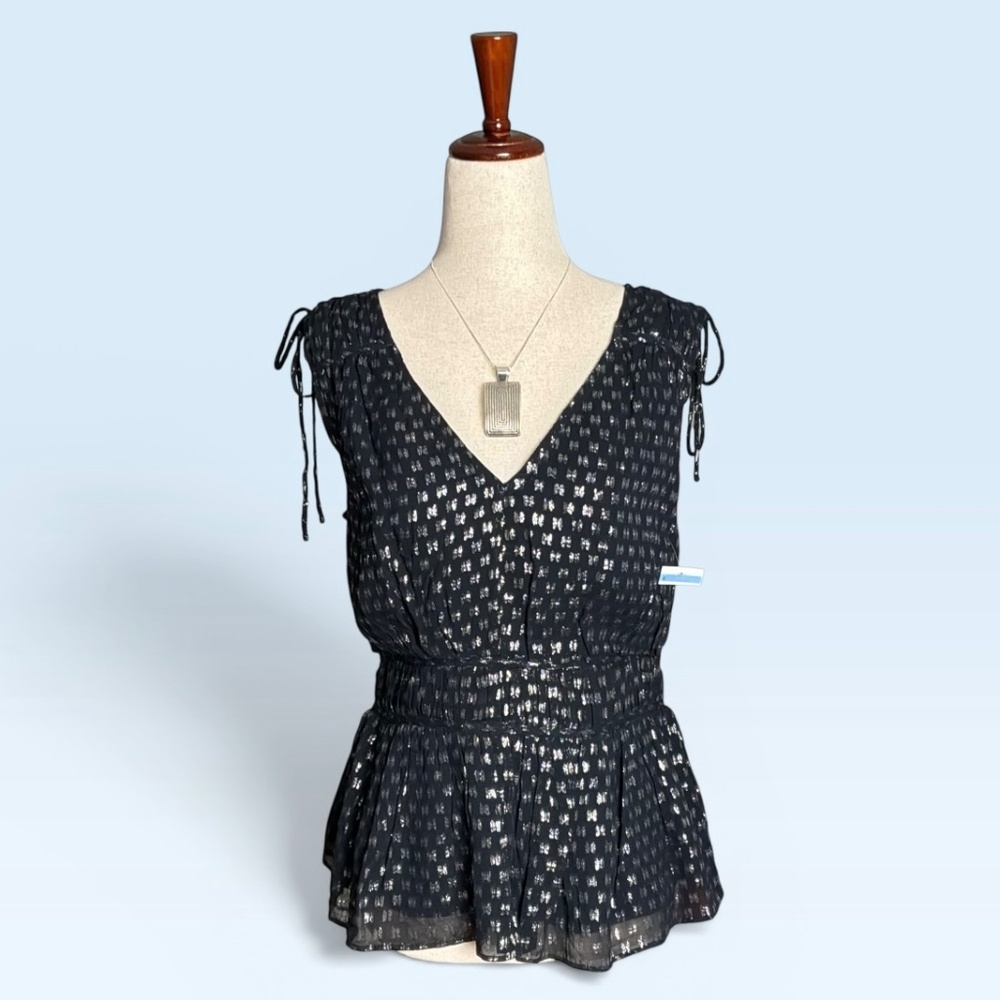 Parker Top Fiona Dark Navy Blue and Silver Peplum Blouse Size Small